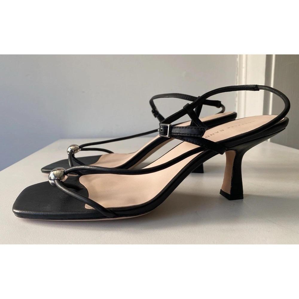 Loeffler Randall Triana Black Leather Strappy Mid Heel Silver Ball Sandals 9 - Picture 2 of 7